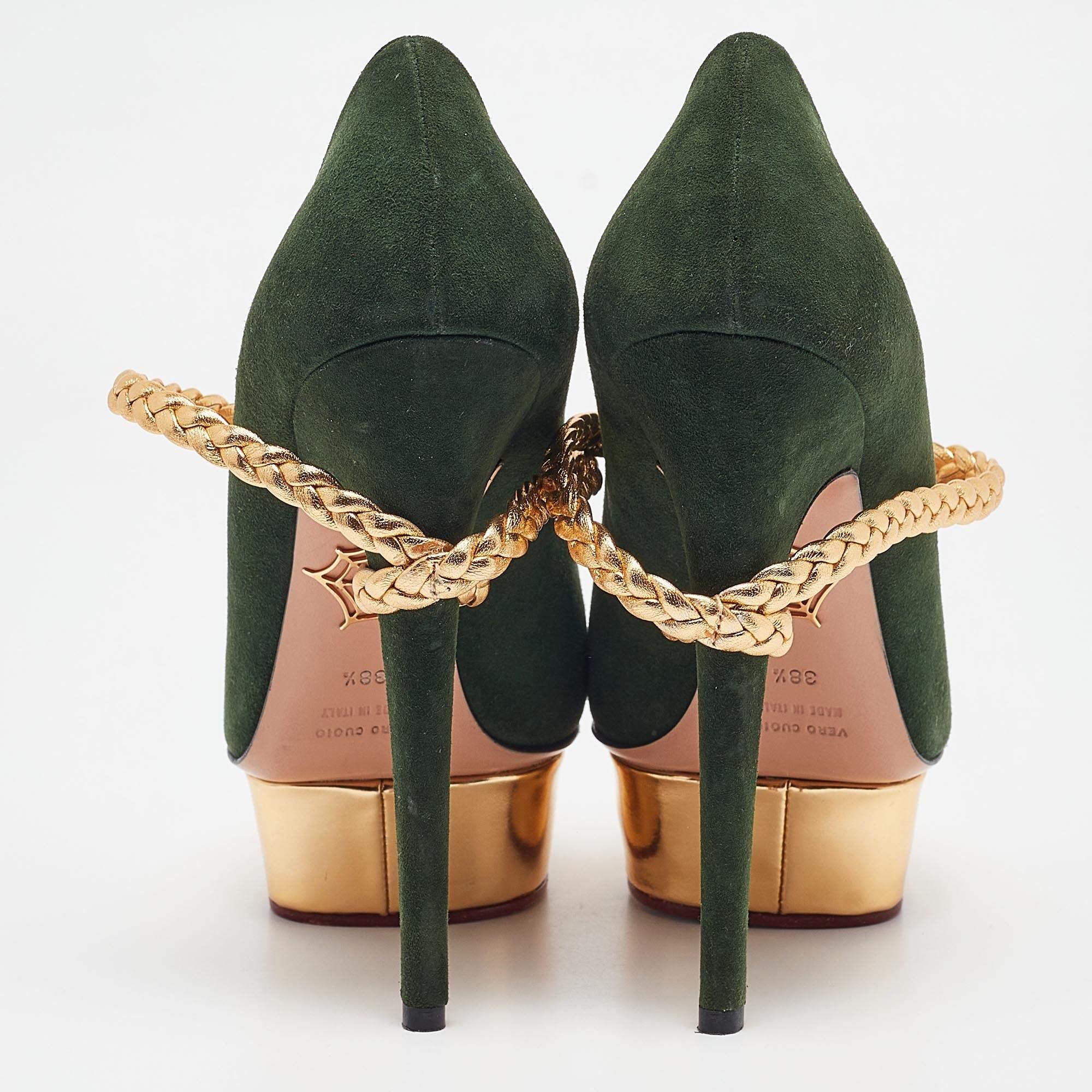 Women's Charlotte Olympia Green/Gold Suede Braided Leather Dolly Ankle Strap Pumps 38.5 For Sale