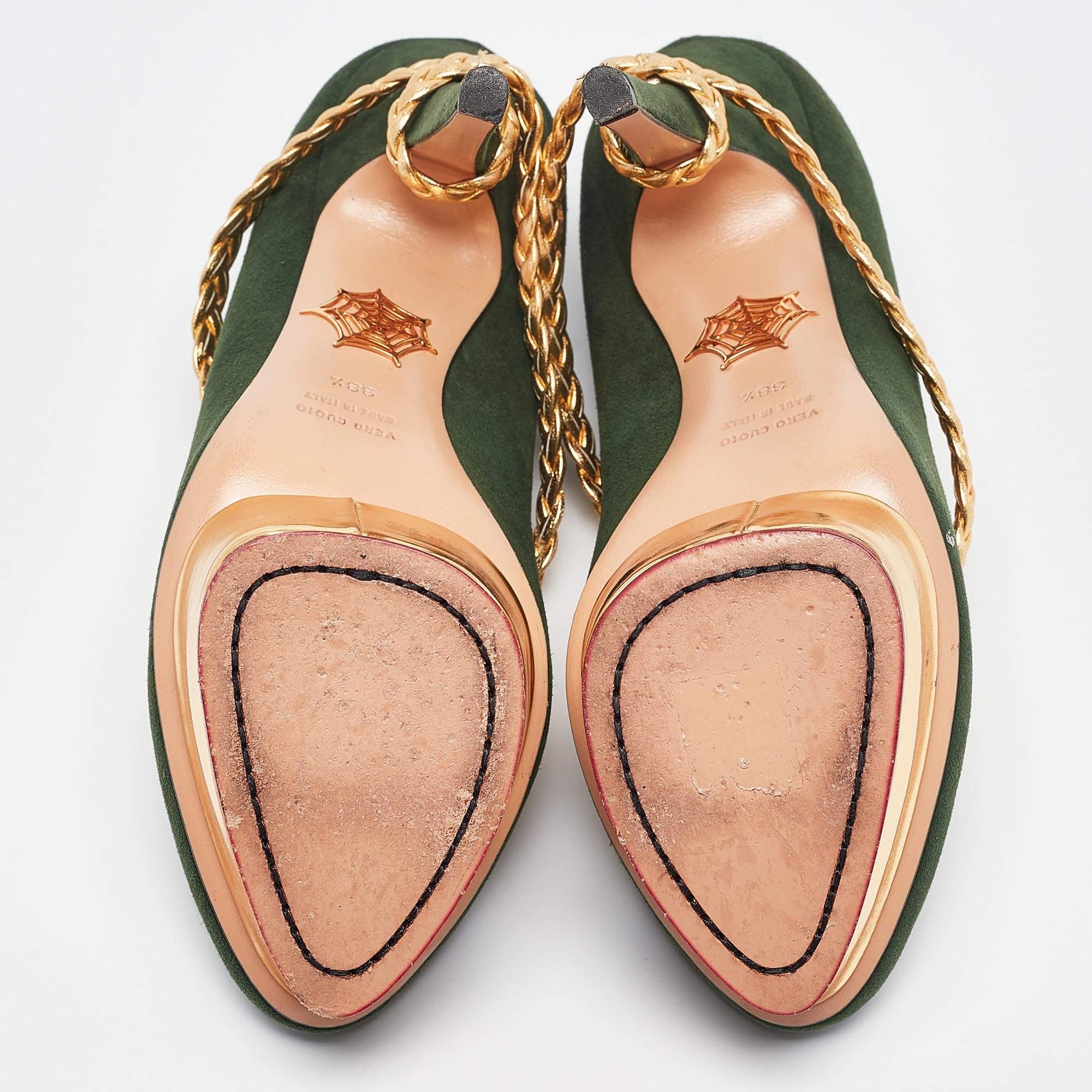 Charlotte Olympia Green/Gold Suede Braided Leather Dolly Ankle Strap Pumps 38.5 For Sale 1