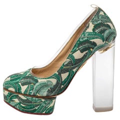 Charlotte Olympia Green Leaves Printed Canvas & PVC Mabel Platform Pumps Size 35