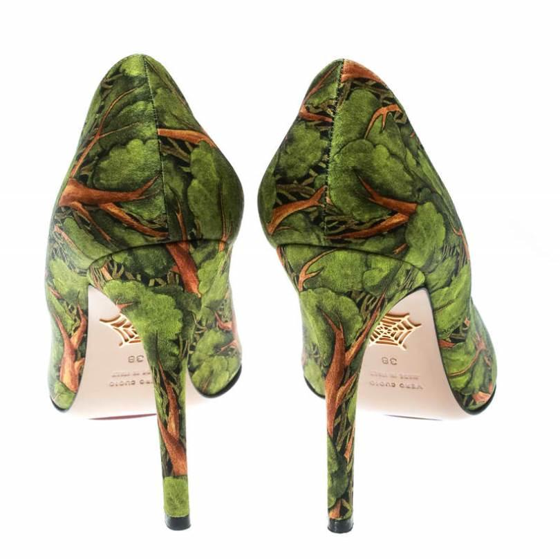 Brown Charlotte Olympia Green Printed Satin Bear Necessities Pointed Toe Pumps Size 38