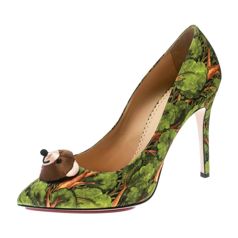 Charlotte Olympia Green Printed Satin Bear Necessities Pointed Toe Pumps Size 38