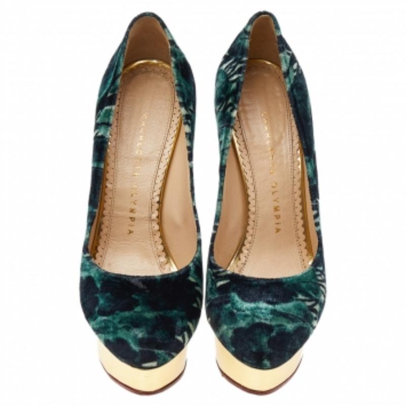 Donna Charlotte Olympia Pumps con piattaforma Dolly in velluto stampato verde taglia 36 in vendita