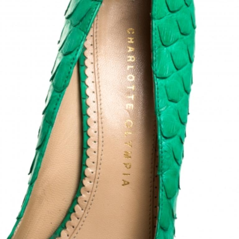 Charlotte Olympia Green Python Leather Priscilla Pumps Size 38 For Sale 1