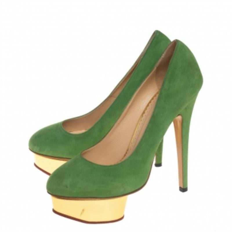 Gray Charlotte Olympia Green Suede Dolly Platform Pumps Size 36.5 For Sale