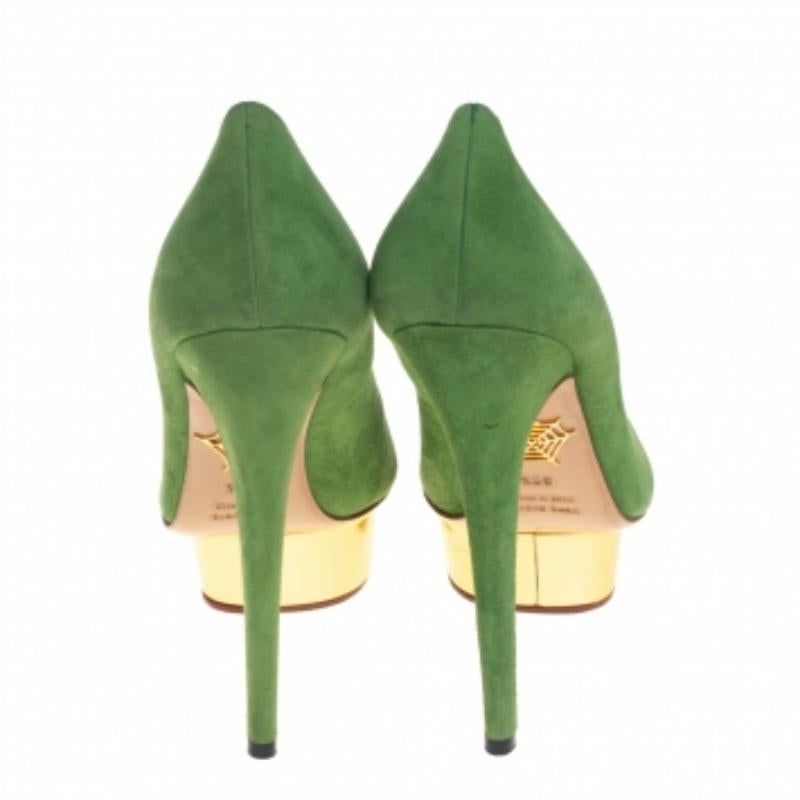 Women's Charlotte Olympia Green Suede Dolly Platform Pumps Size 36.5 For Sale