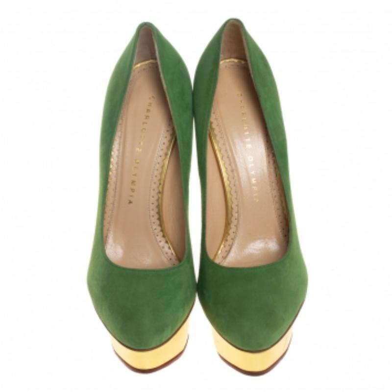 Charlotte Olympia Green Suede Dolly Platform Pumps Size 36.5 For Sale 1
