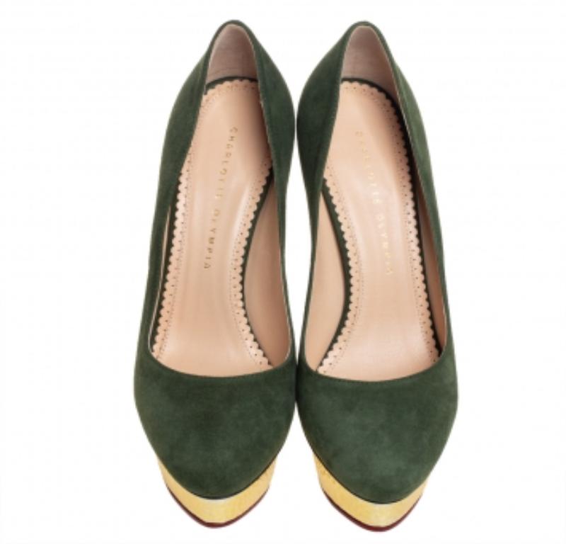 Charlotte Olympia Green Suede Dolly Platform Pumps Size 39 For Sale 1