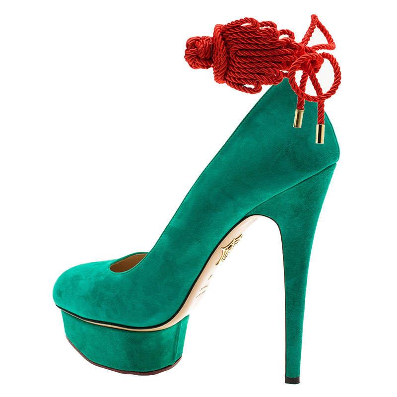 Women's Charlotte Olympia Green Suede Dolly Platform Pumps Size 40 For Sale