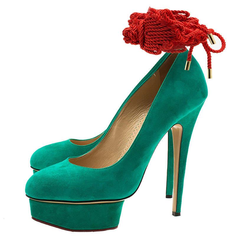 Charlotte Olympia Green Suede Dolly Platform Pumps Size 40 For Sale 1