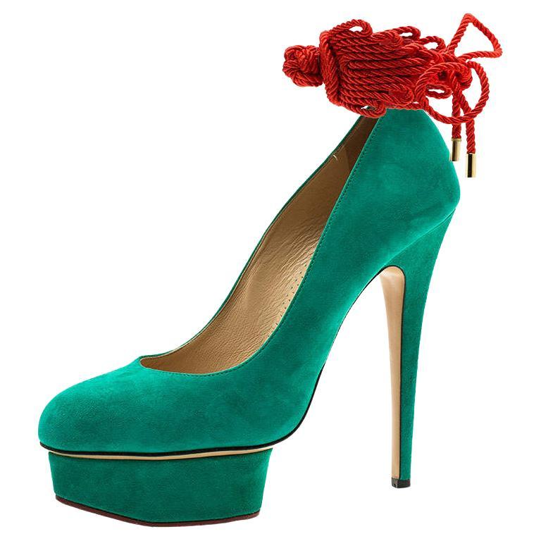Charlotte Olympia Green Suede Dolly Platform Pumps Size 40 For Sale