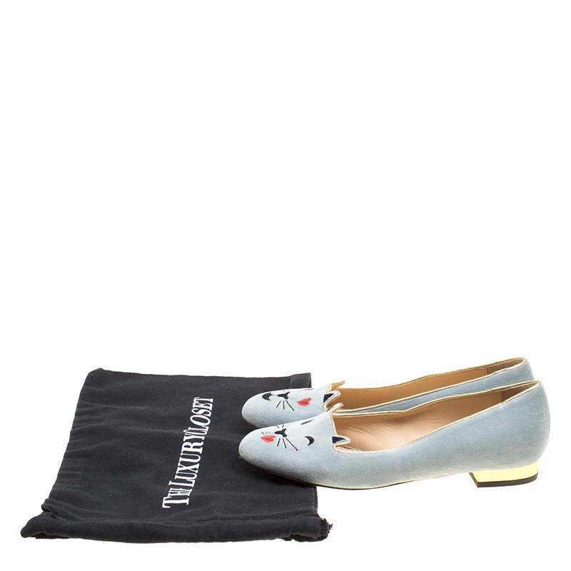 Charlotte Olympia Grey Velvet Emoticats Cheeky Kitty Flats Size 38 2