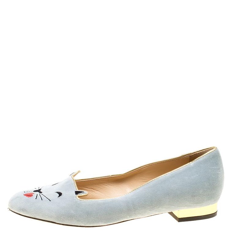 Charlotte Olympia Grey Velvet Emoticats Cheeky Kitty Flats Size 38 For