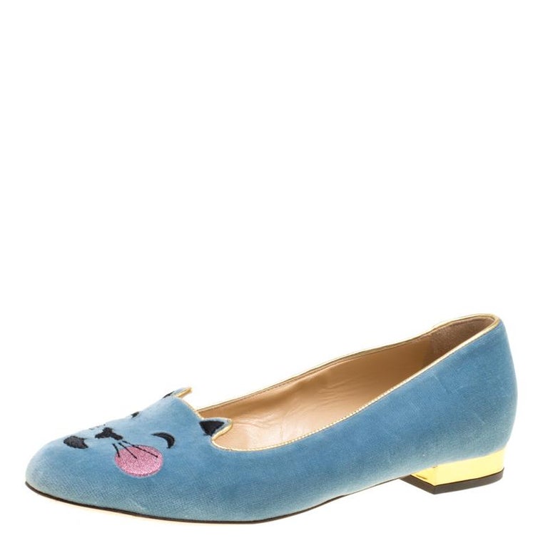 Charlotte Olympia Grey Velvet Emoticats Cheeky Kitty Flats Size 38 For ...