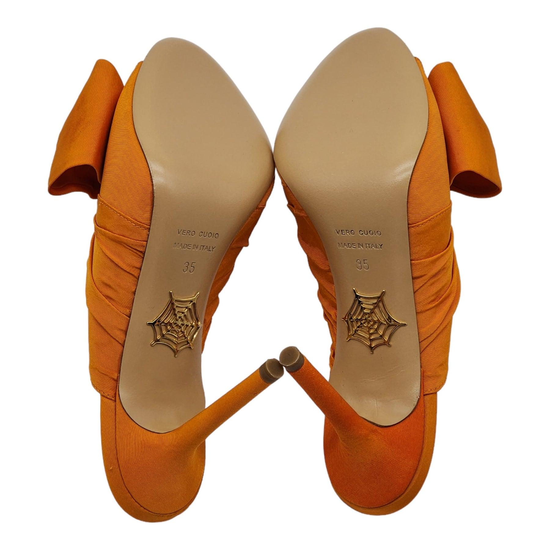 Women's Charlotte Olympia Ilona Bow Heeled Mules Linen in Orange For Sale