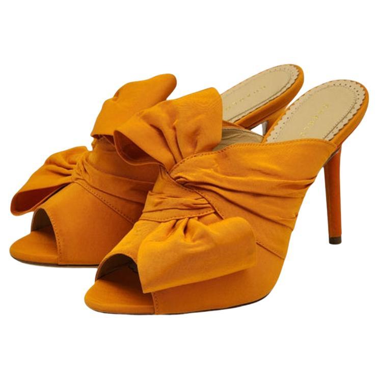 Charlotte Olympia Ilona Bow Heeled Mules Linen in Orange For Sale