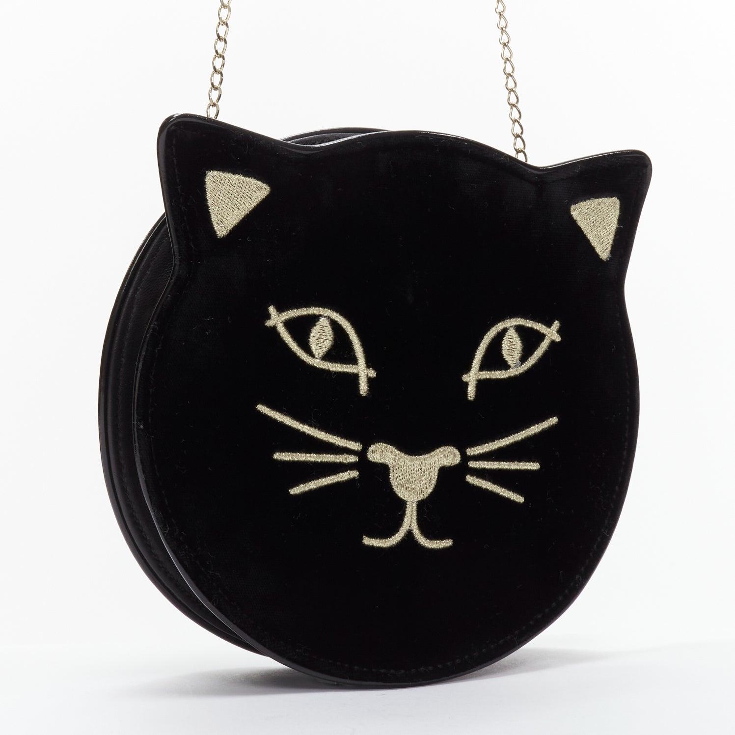 Black CHARLOTTE OLYMPIA Kitty black velvet gold embroidered crossbody bag