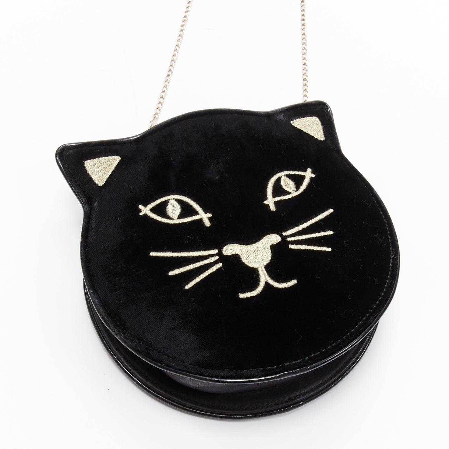CHARLOTTE OLYMPIA Kitty black velvet gold embroidered crossbody bag 1