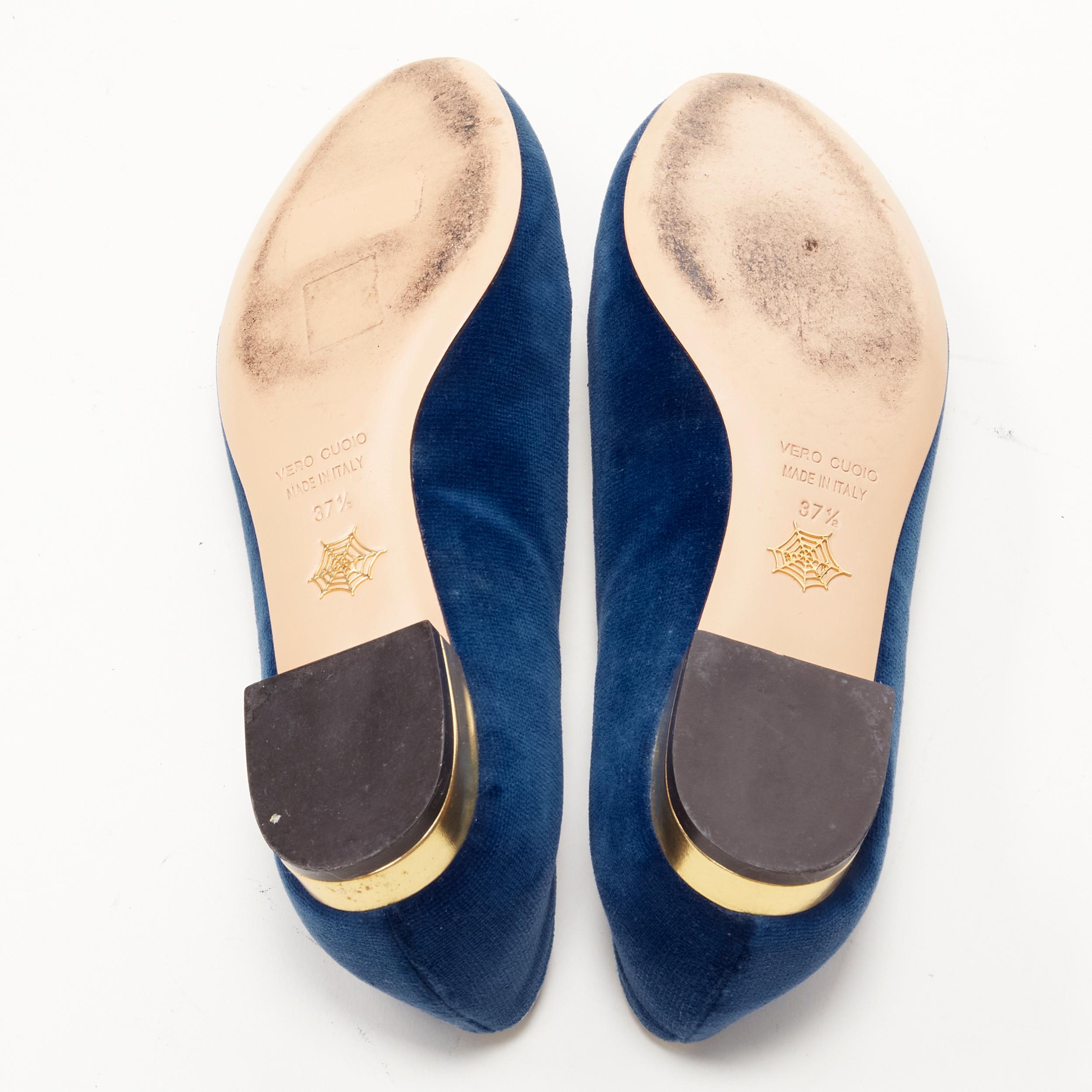 CHARLOTTE OLYMPIA Kitty blue velvet gold cat face embroidery flats  EU37.5 6
