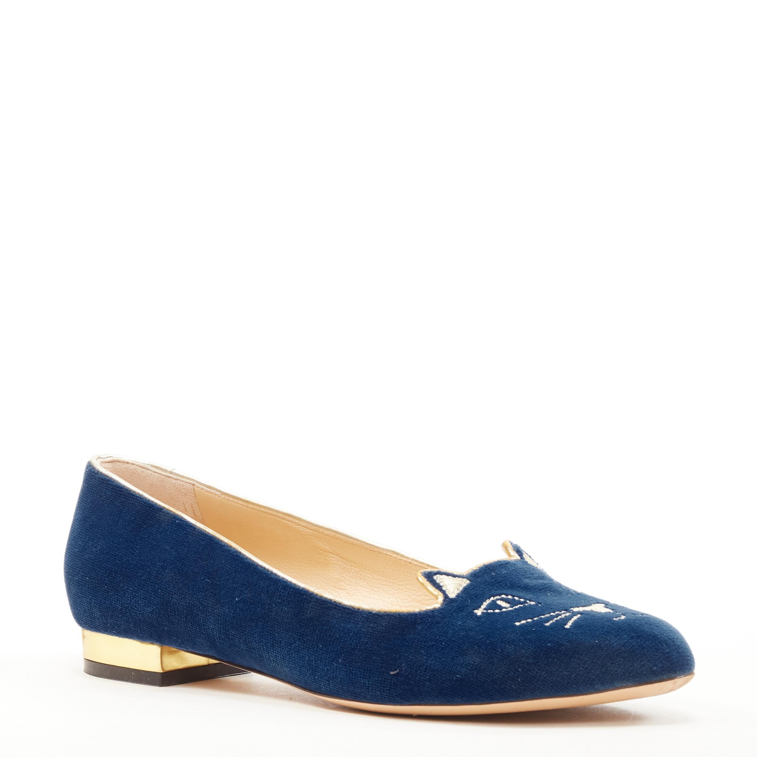 Beige CHARLOTTE OLYMPIA Kitty blue velvet gold cat face embroidery flats  EU37.5