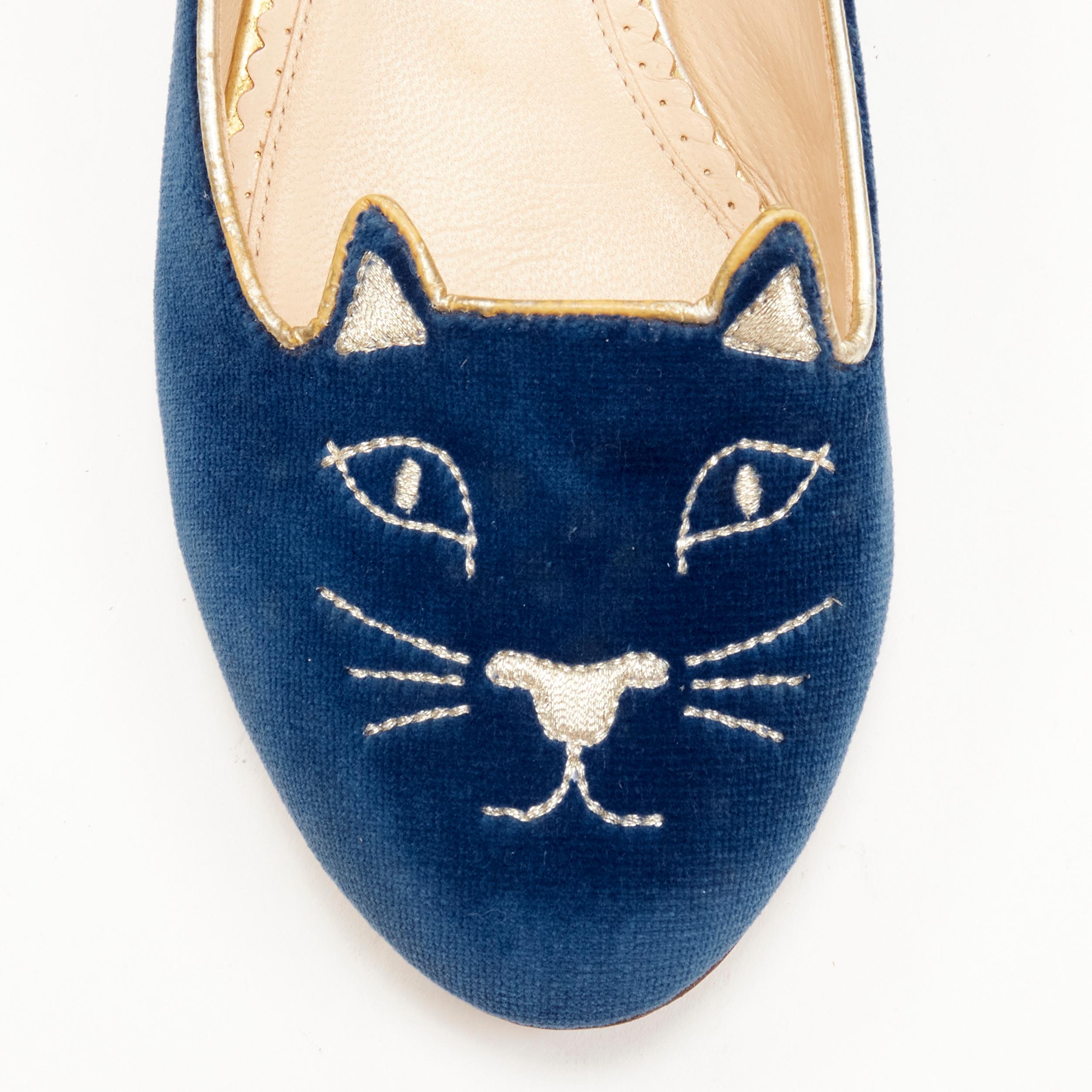 CHARLOTTE OLYMPIA Kitty blue velvet gold cat face embroidery flats  EU37.5 1