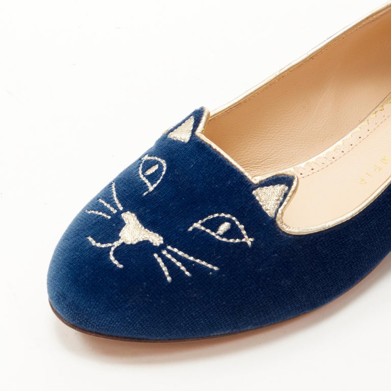 charlotte-olympia-kitty-blue-velvet-gold-cat-face-embroidery-flats-eu37