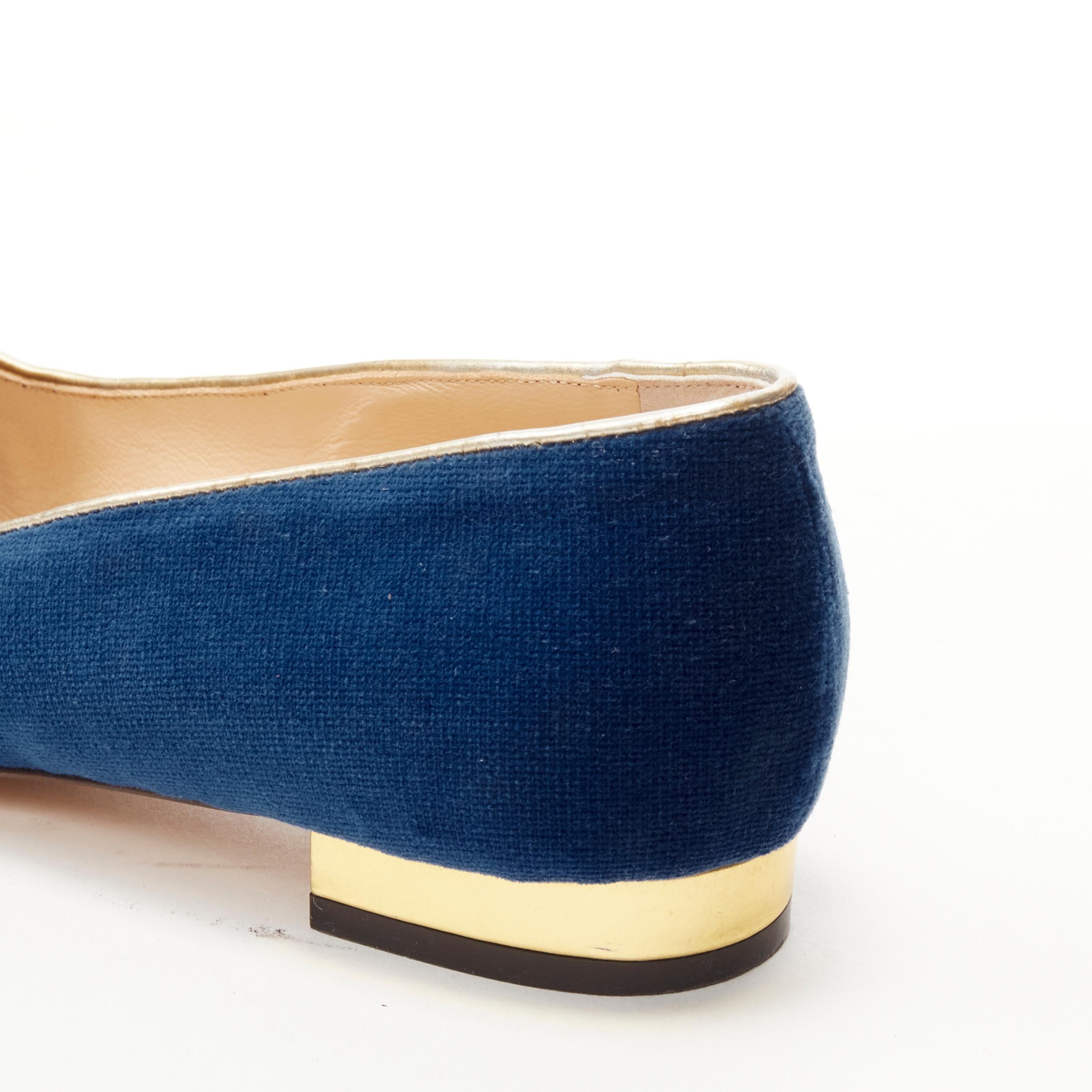 CHARLOTTE OLYMPIA Kitty blue velvet gold cat face embroidery flats  EU37.5 3
