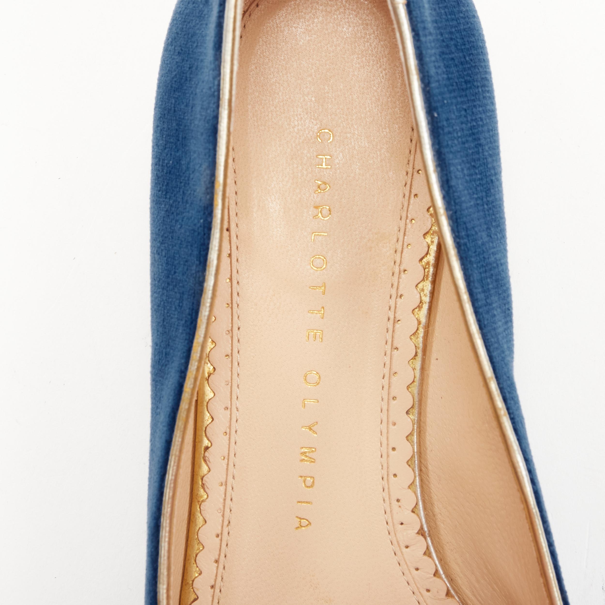 CHARLOTTE OLYMPIA Kitty blue velvet gold cat face embroidery flats  EU37.5 4