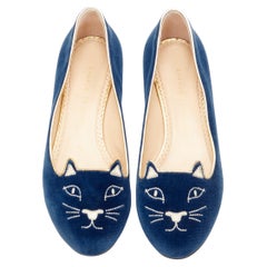 CHARLOTTE OLYMPIA Kitty blue velvet gold cat face embroidery flats  EU37.5