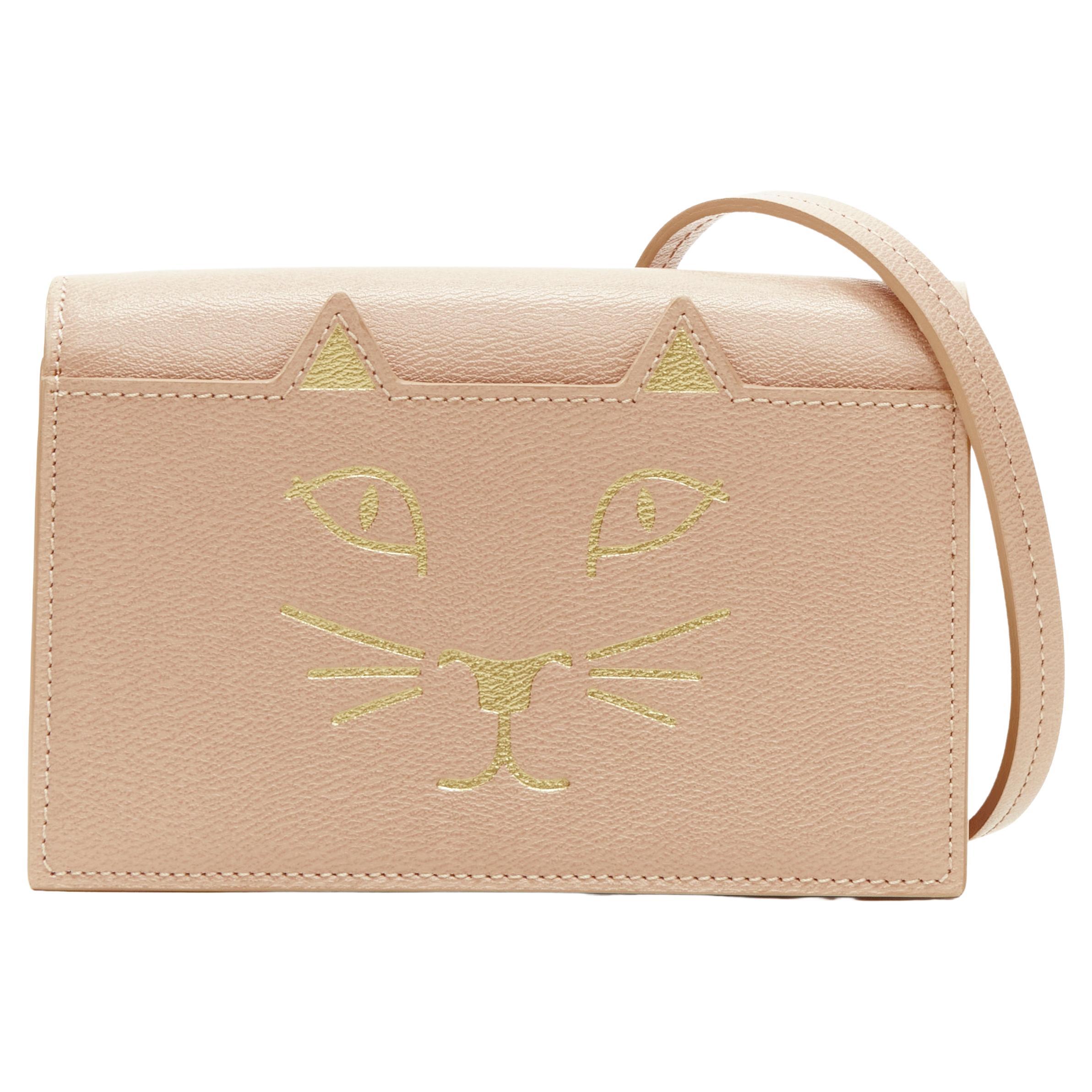 CHARLOTTE OLYMPIA Kitty blush nude gold cat face print leather crossbody bag