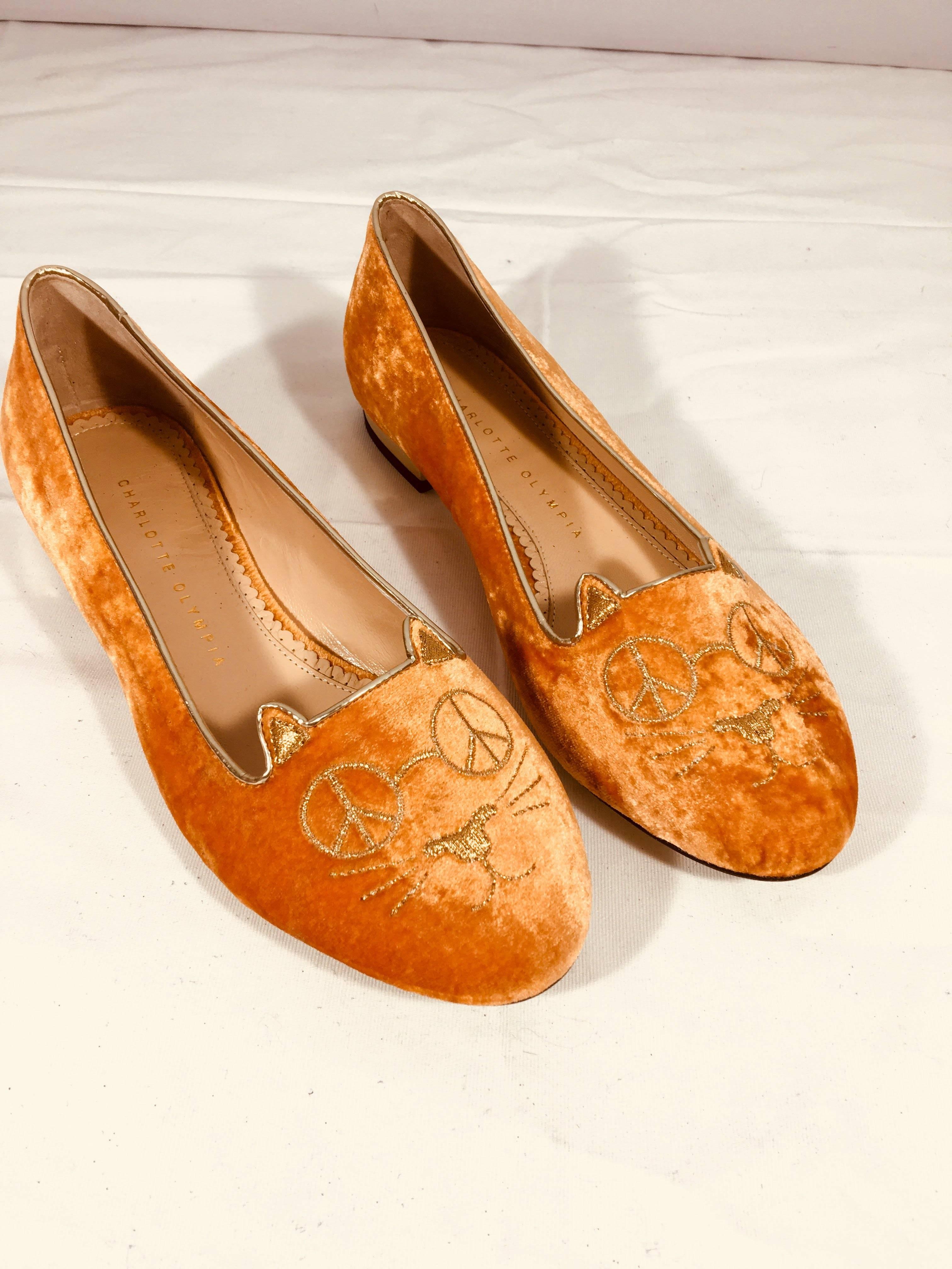 Charlotte Olympia Kitty Loafers. Orange Velvet with Round Toe with Embroidered Cat Details.