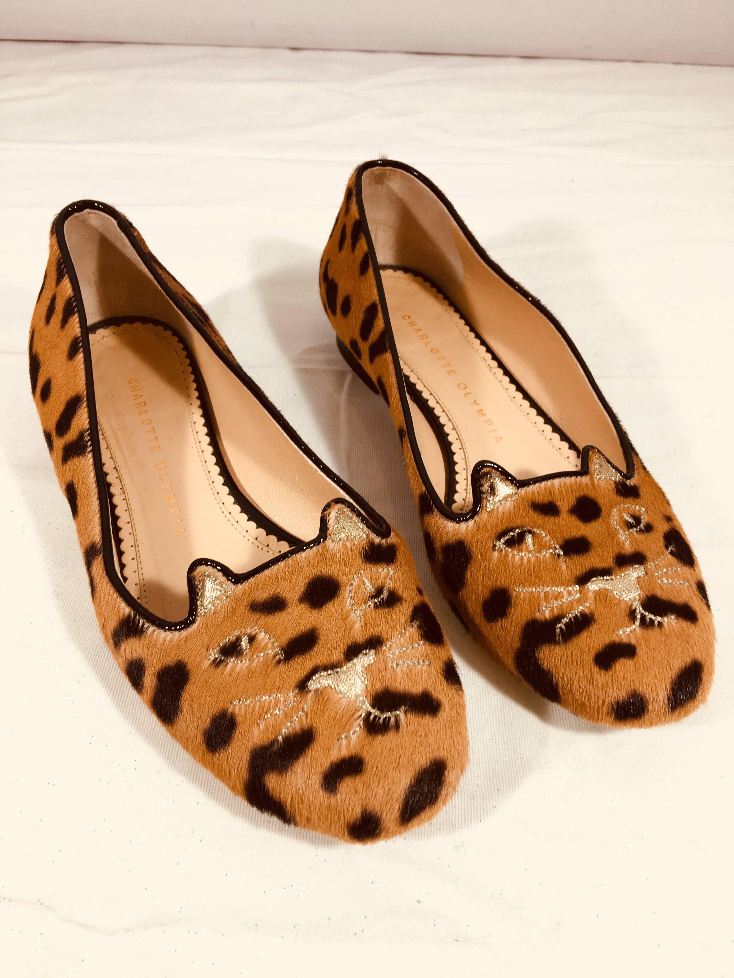 Charlotte Olympia Kitty Loafers. Leopard Print Pony Hair with Round Toe with Embroidered Cat Detail.