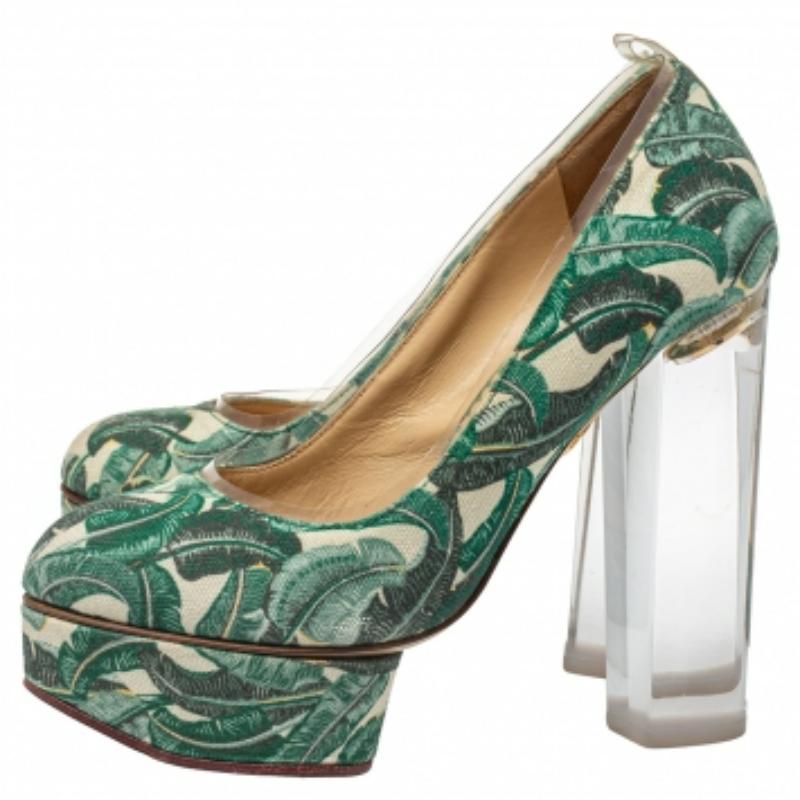 Charlotte Olympia - Escarpins à plateforme Mabel en toile imprimée et PVC Taille 35 en vente 1