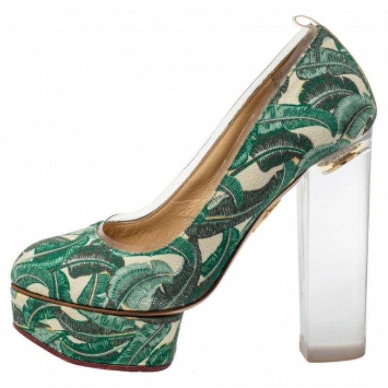 Charlotte Olympia - Escarpins à plateforme Mabel en toile imprimée et PVC Taille 35 en vente