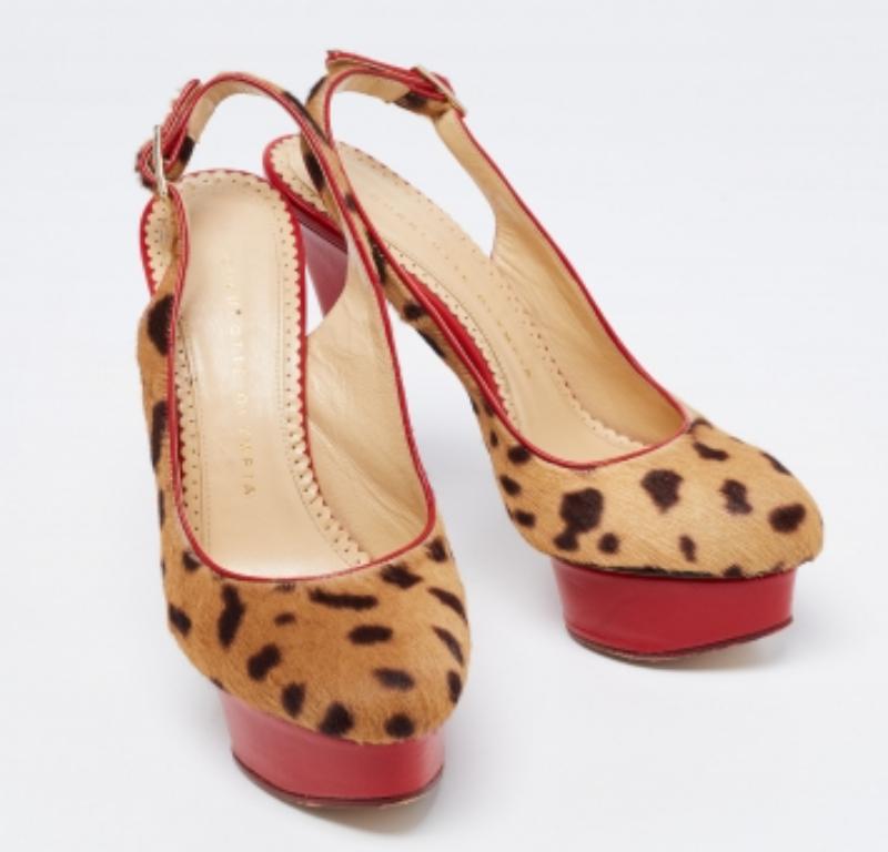 Charlotte Olympia Leopard Calf Hair & Leather Dolly Slingback Pumps Size 36.5 For Sale 2