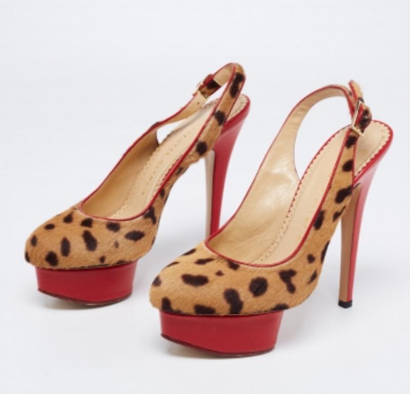 Charlotte Olympia Leopard Calf Hair & Leather Dolly Slingback Pumps Size 36.5 For Sale 4