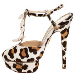 Charlotte Olympia Leopard Calfhair Satin Bow T-Strap Platform Sandals Size 39