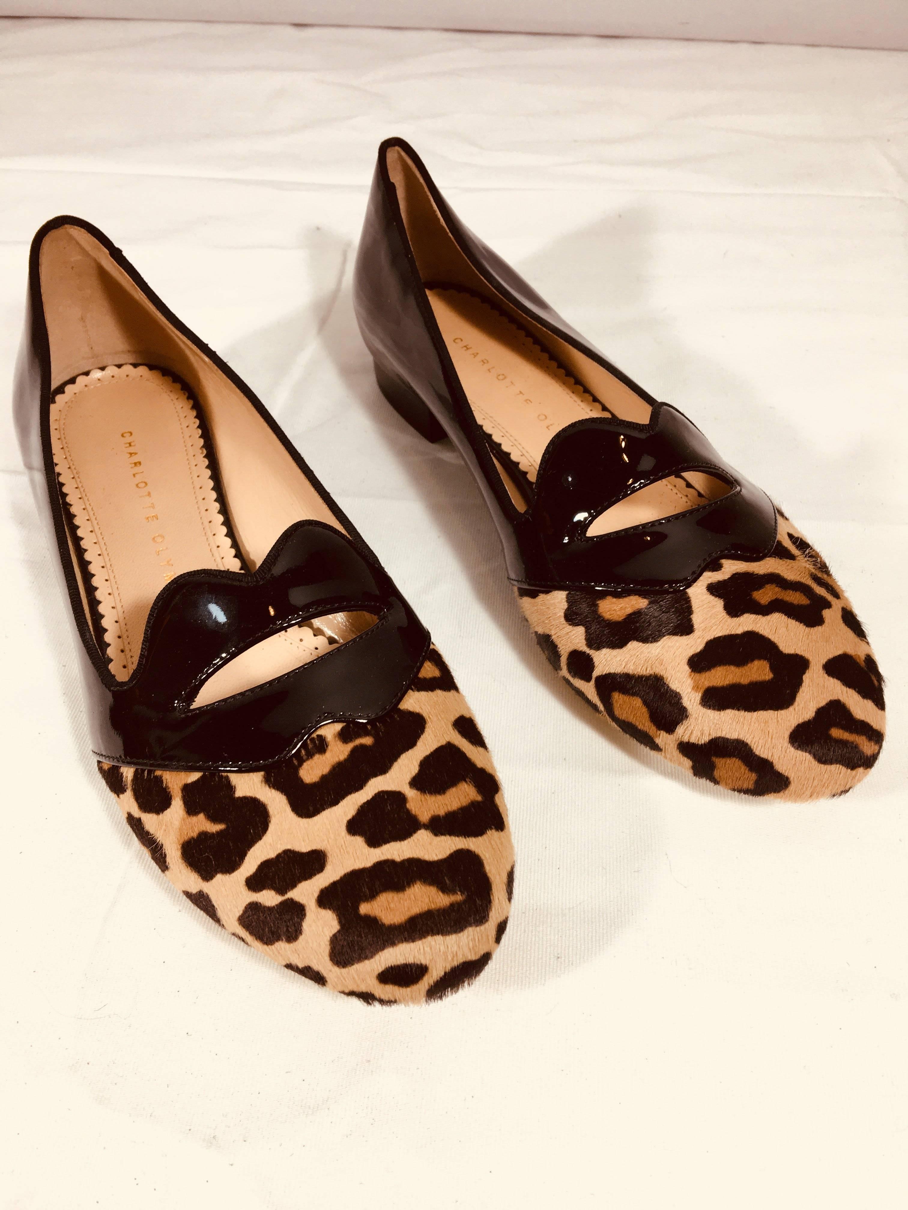 Charlotte Olympia Leopard Print Pony Hair Loafers with Patent Leather  Tongue with Cut Out Detail.