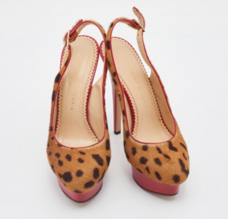 Charlotte Olympia Leopard Pony Hair Dolly Slingback Platform Sandals Size 39 In Good Condition For Sale In Dubai, Al Qouz 2