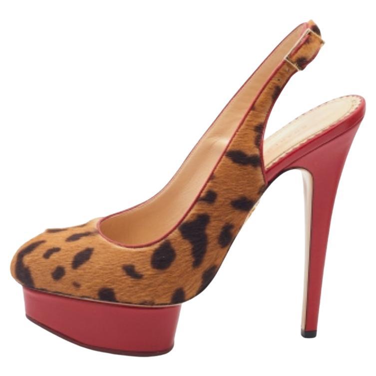 Charlotte Olympia Leopard Pony Hair Dolly Slingback Platform Sandals Size 39 For Sale