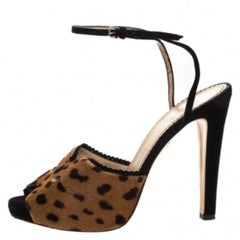 Charlotte Olympia Leopard Print Calf Hair Platform Ankle Strap Sandals Size 41