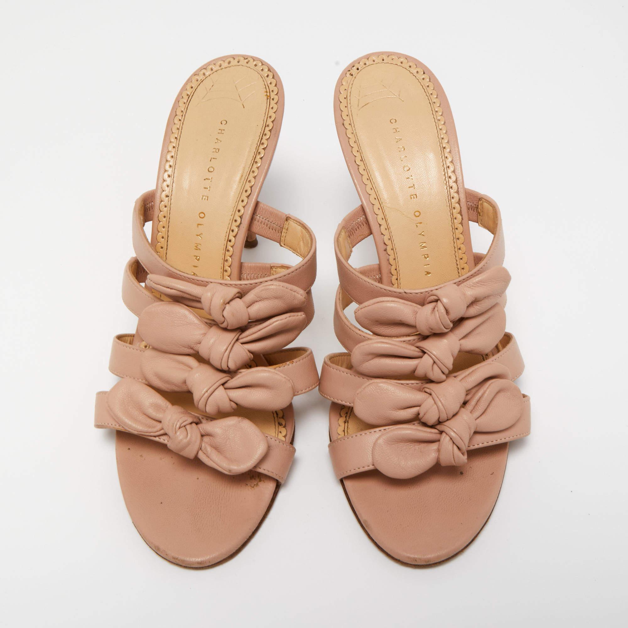 Brown Charlotte Olympia Light Pink Leather Blyton Bow Slide Sandals Size 40 For Sale