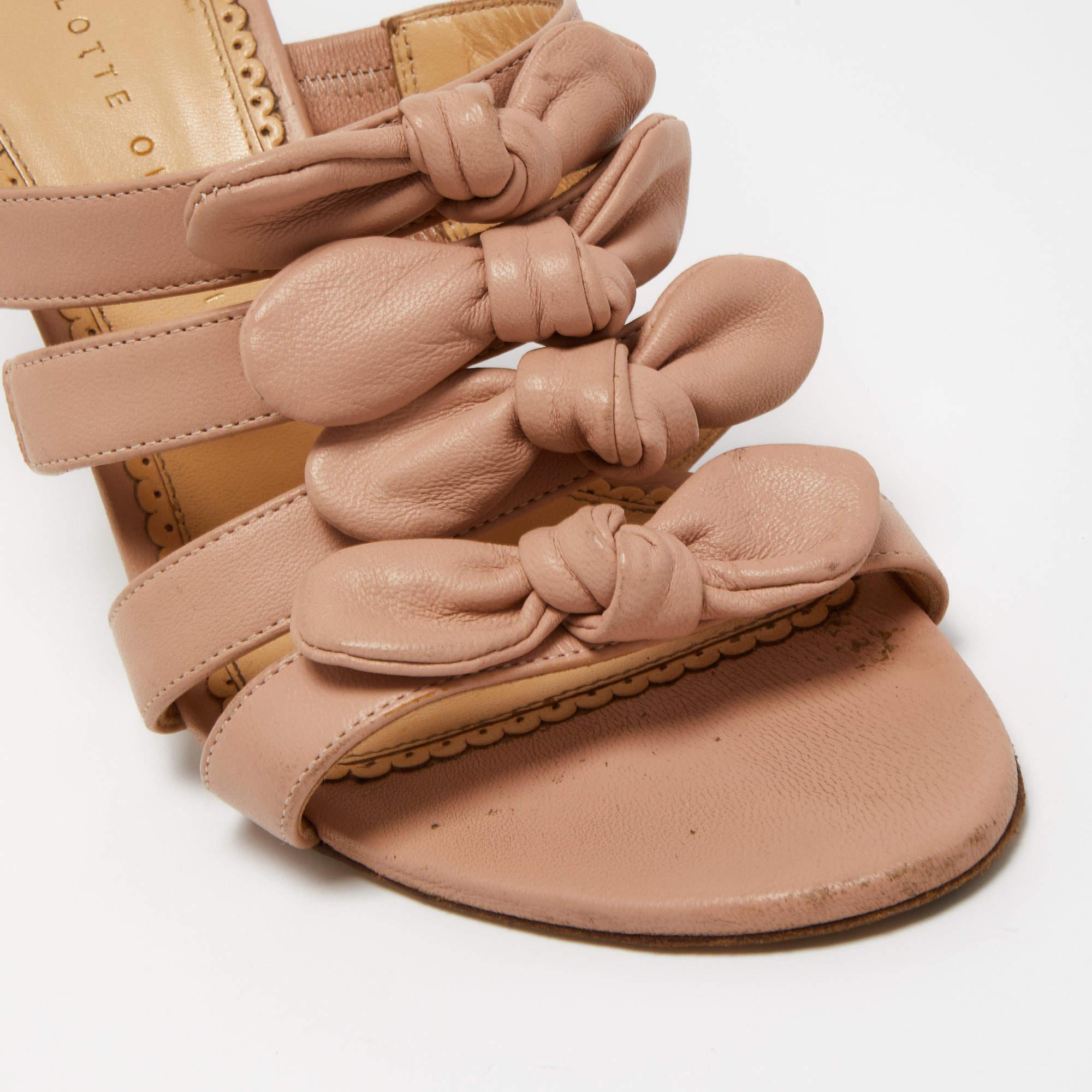 Charlotte Olympia Light Pink Leather Blyton Bow Slide Sandals Size 40 For Sale 3
