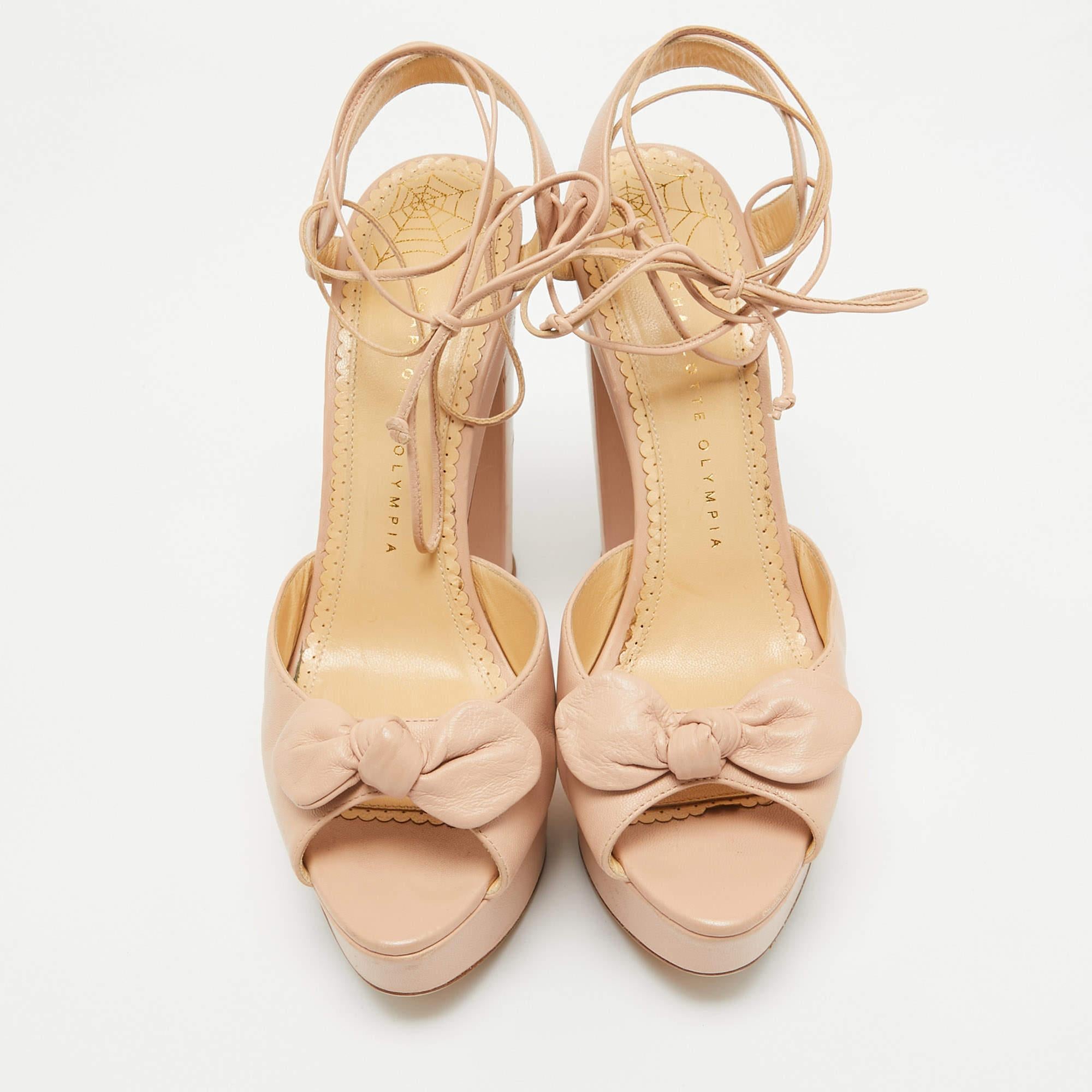 Beige Charlotte Olympia Light Pink Leather Bow Ankle Tie Platform Sandals Size 41 For Sale