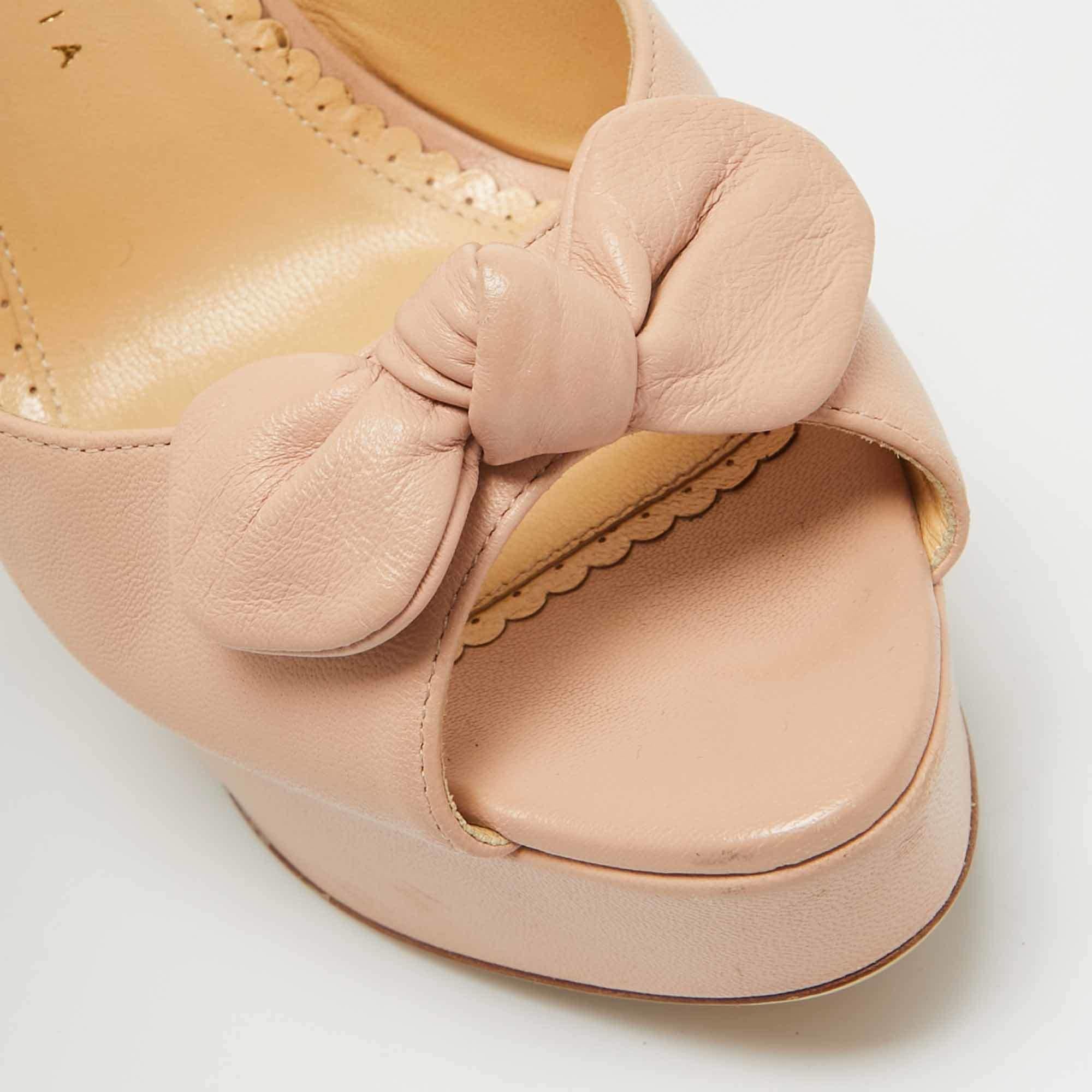 Charlotte Olympia Light Pink Leather Bow Ankle Tie Platform Sandals Size 41 For Sale 2