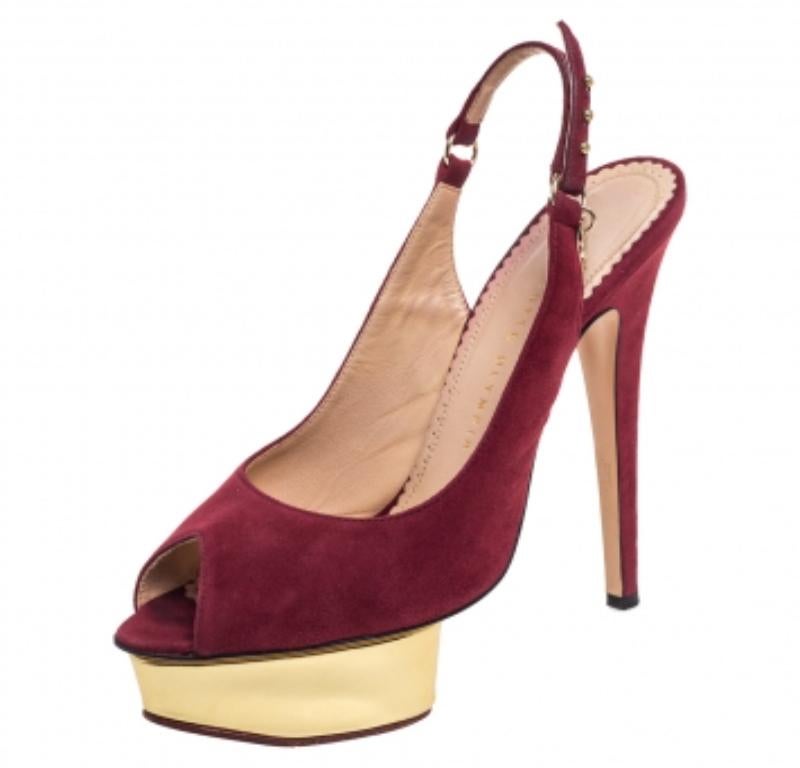 Brown Charlotte Olympia Maroon Suede Slingback Peep Toe Platform Pumps Size 38 For Sale