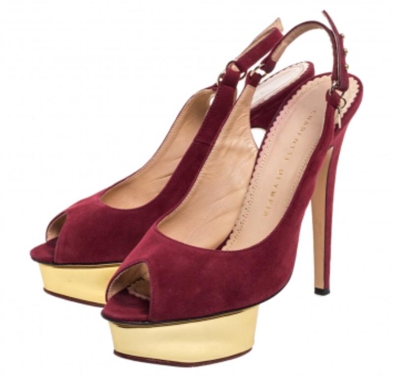 Women's Charlotte Olympia Maroon Suede Slingback Peep Toe Platform Pumps Size 38 For Sale