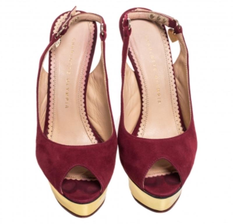 Charlotte Olympia Maroon Suede Slingback Peep Toe Platform Pumps Size 38 For Sale 1