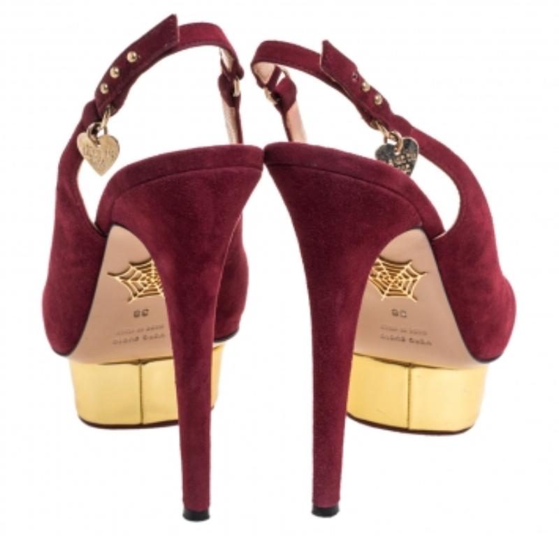 Charlotte Olympia Maroon Suede Slingback Peep Toe Platform Pumps Size 38 For Sale 2