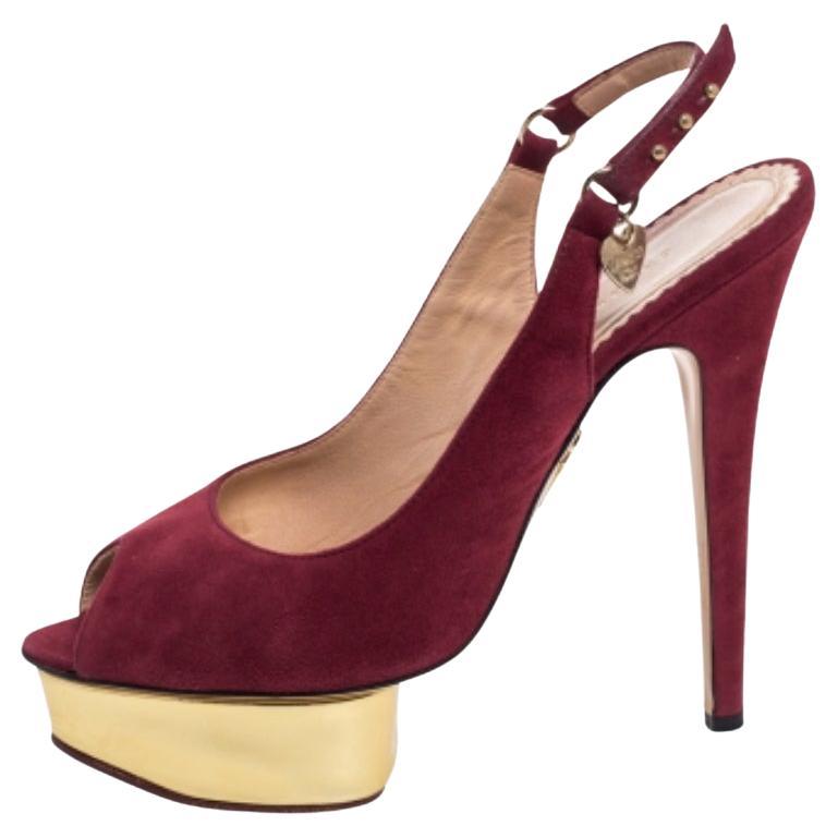 Charlotte Olympia Maroon Suede Slingback Peep Toe Platform Pumps Size 38 For Sale