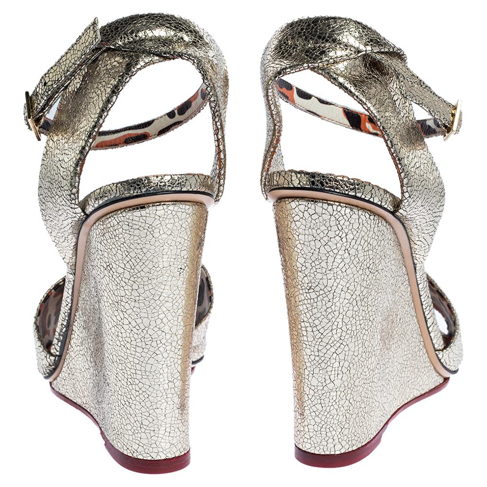 Charlotte Olympia Metallic Gold Crackled Leather Wedge Sandals Size 40 1